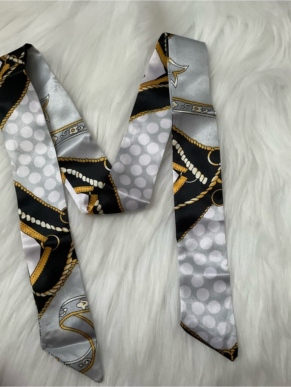 Silky Scarf Tie in Silver, Black & Gold Chain Print